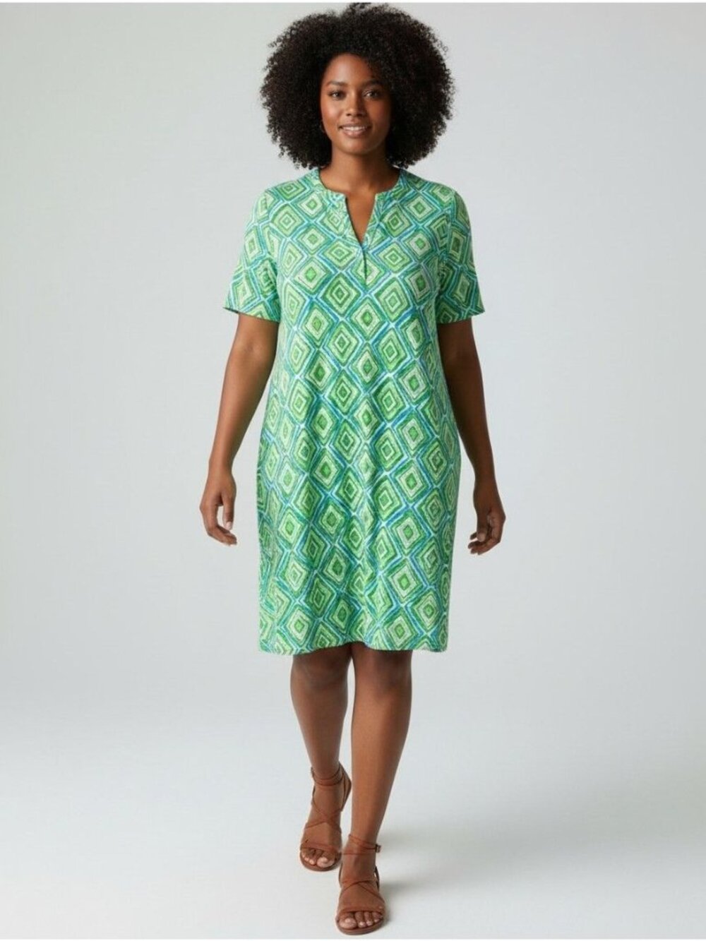 NEW Caribbean Joe Plus 3X Lovers Coral Diamond Print Coastal Pull-On Dress Green
